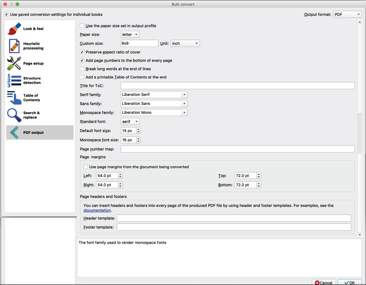 Calibre ePub to PDF conversion settings