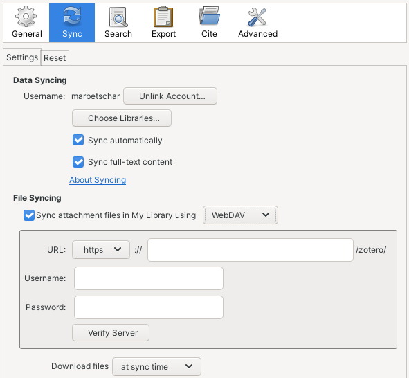 Zotero sync attachment files using WebDAV